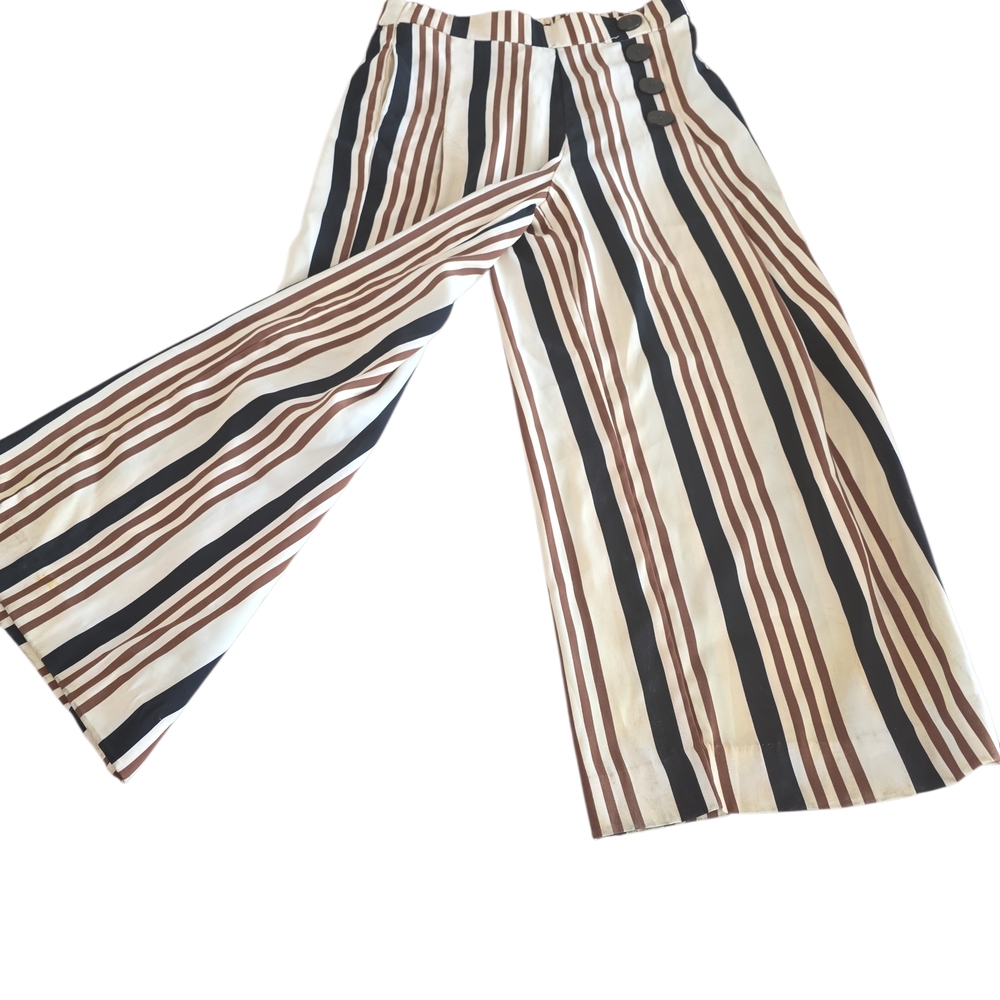 Zara Striped Wide-Leg Trousers in Cream, Brown & Black